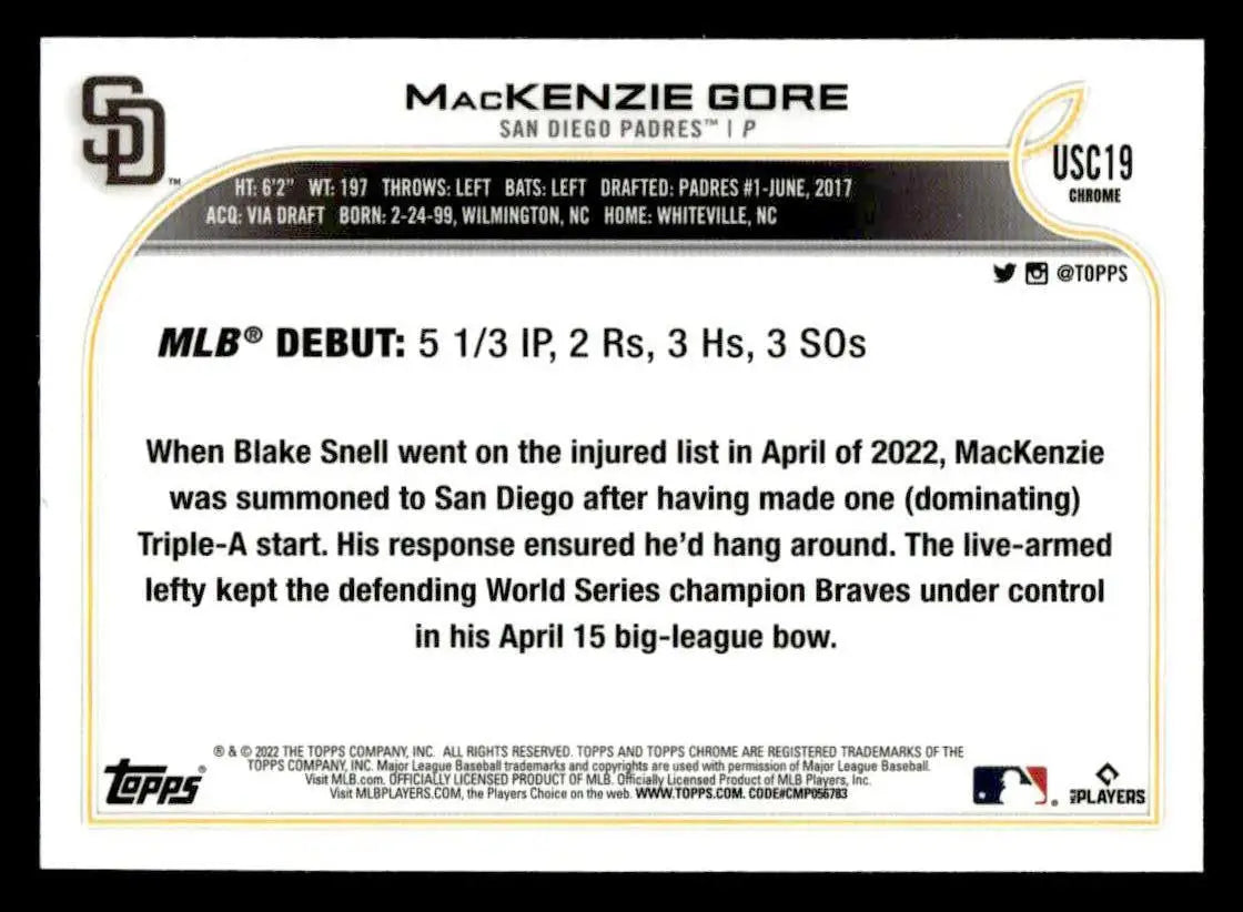 2022 Topps Chrome Update #USC19 MacKenzie Gore - Baseball Card Single