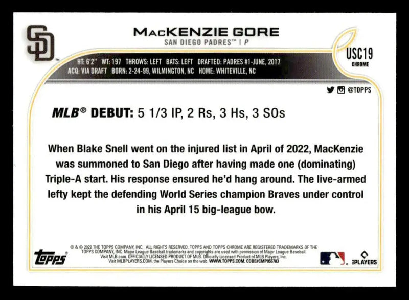 2022 Topps Chrome Update #USC19 MacKenzie Gore - Baseball Card Single