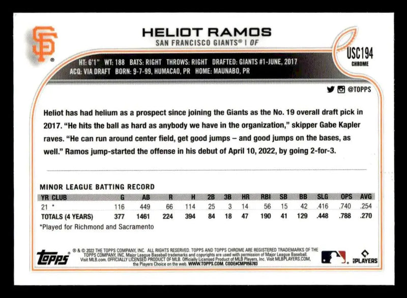 2022 Topps Chrome Update #USC194 Heliot Ramos Purple Refractor - Baseball Card Single