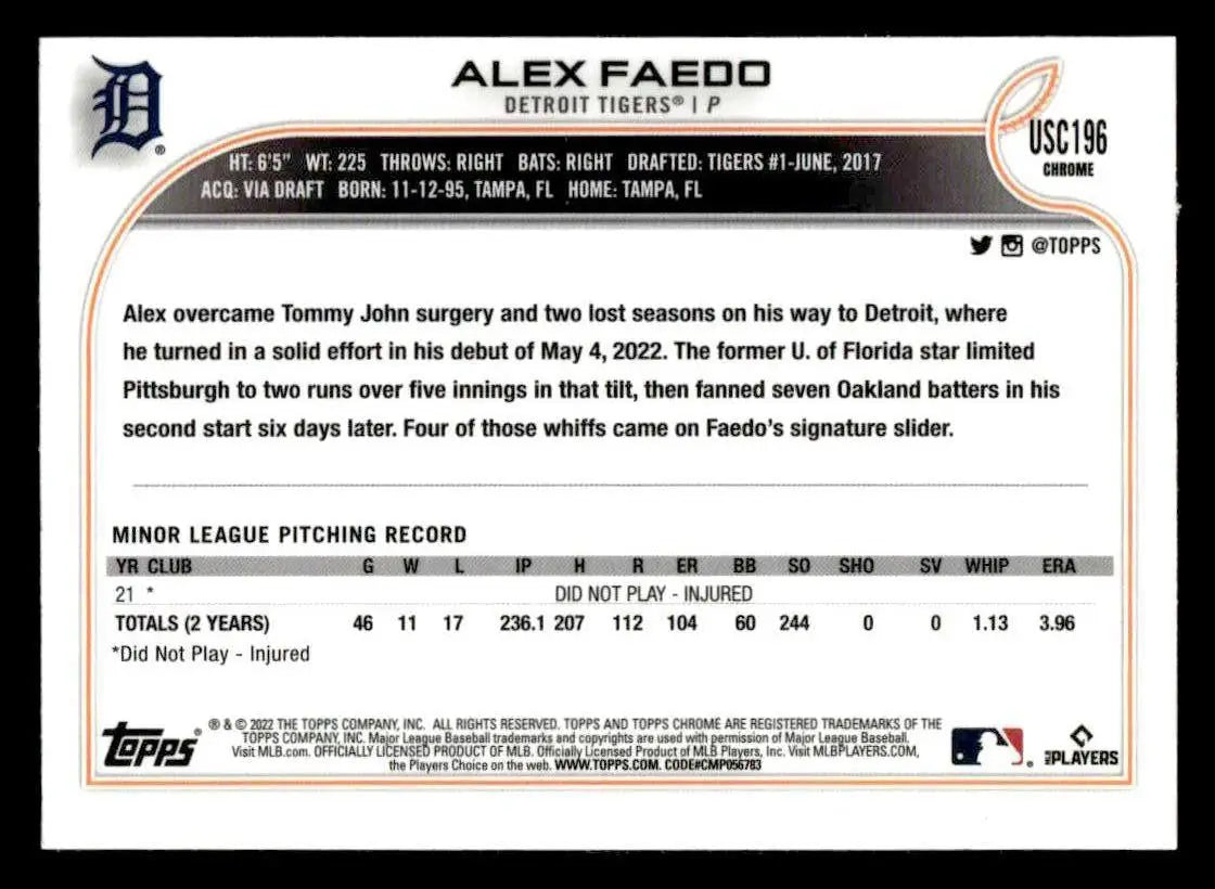 2022 Topps Chrome Update #USC196 Alex Faedo Purple Refractor - Baseball Card Single