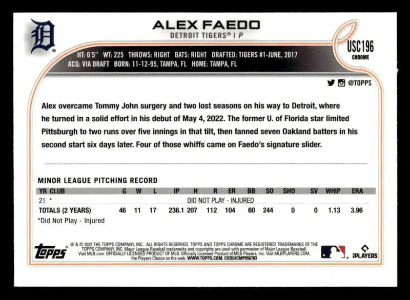 2022 Topps Chrome Update #USC196 Alex Faedo Purple Refractor - Baseball Card Single