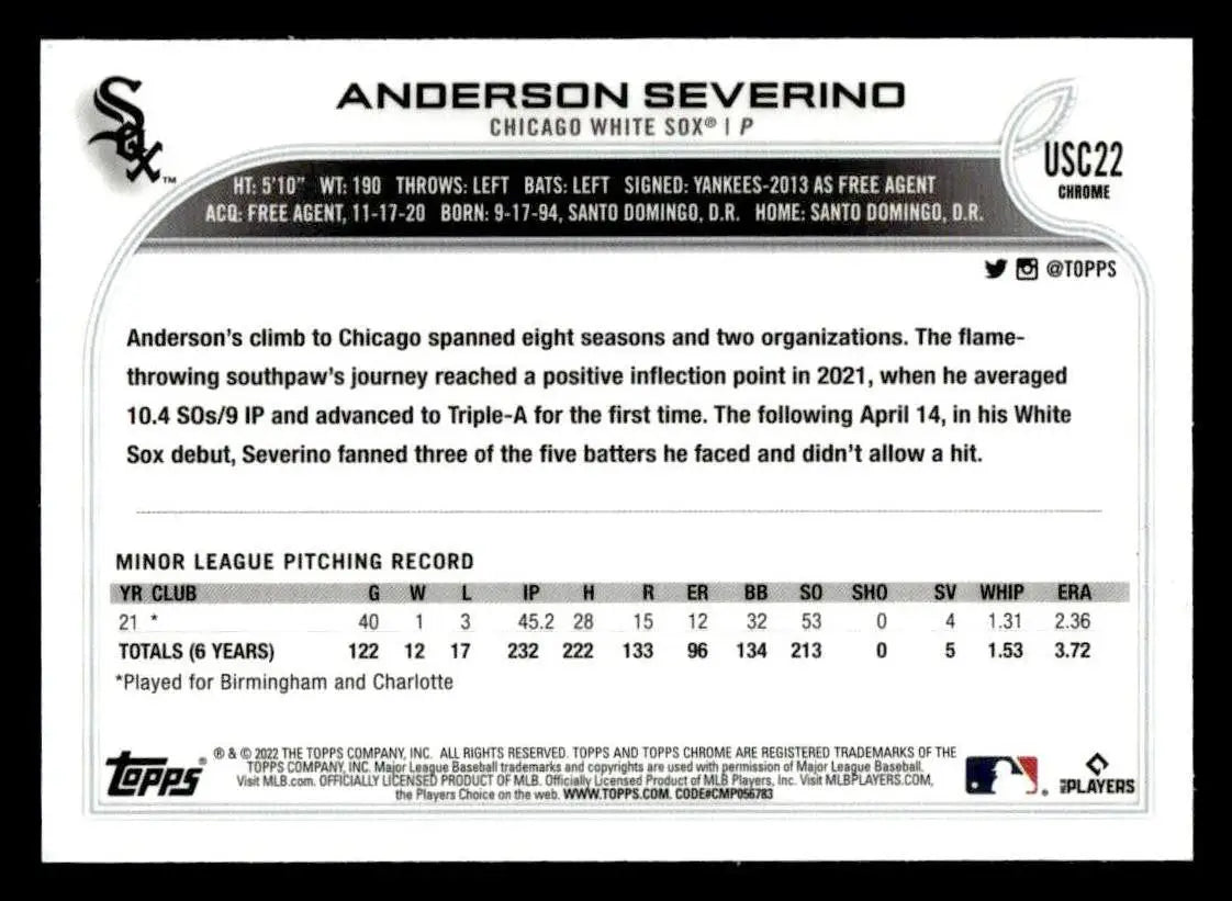 2022 Topps Chrome Update #USC22 Anderson Severino - Baseball Card Single