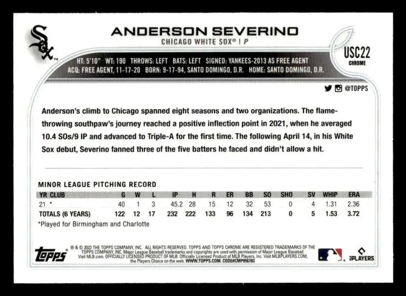 2022 Topps Chrome Update #USC22 Anderson Severino - Baseball Card Single