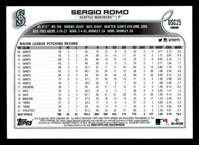 2022 Topps Chrome Update #USC25 Sergio Romo Purple Refractor - Baseball Card Single