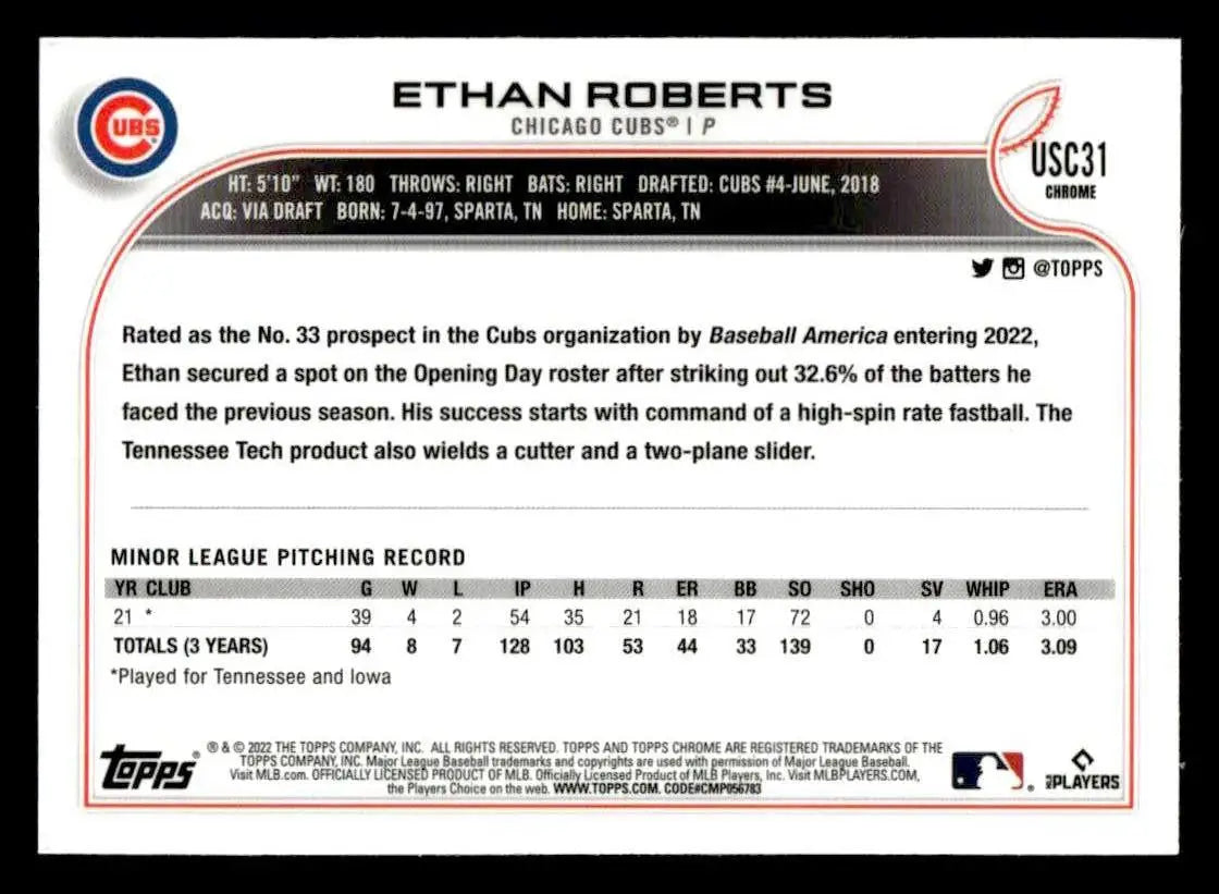 2022 Topps Chrome Update #USC31 Ethan Roberts - Baseball Card Single