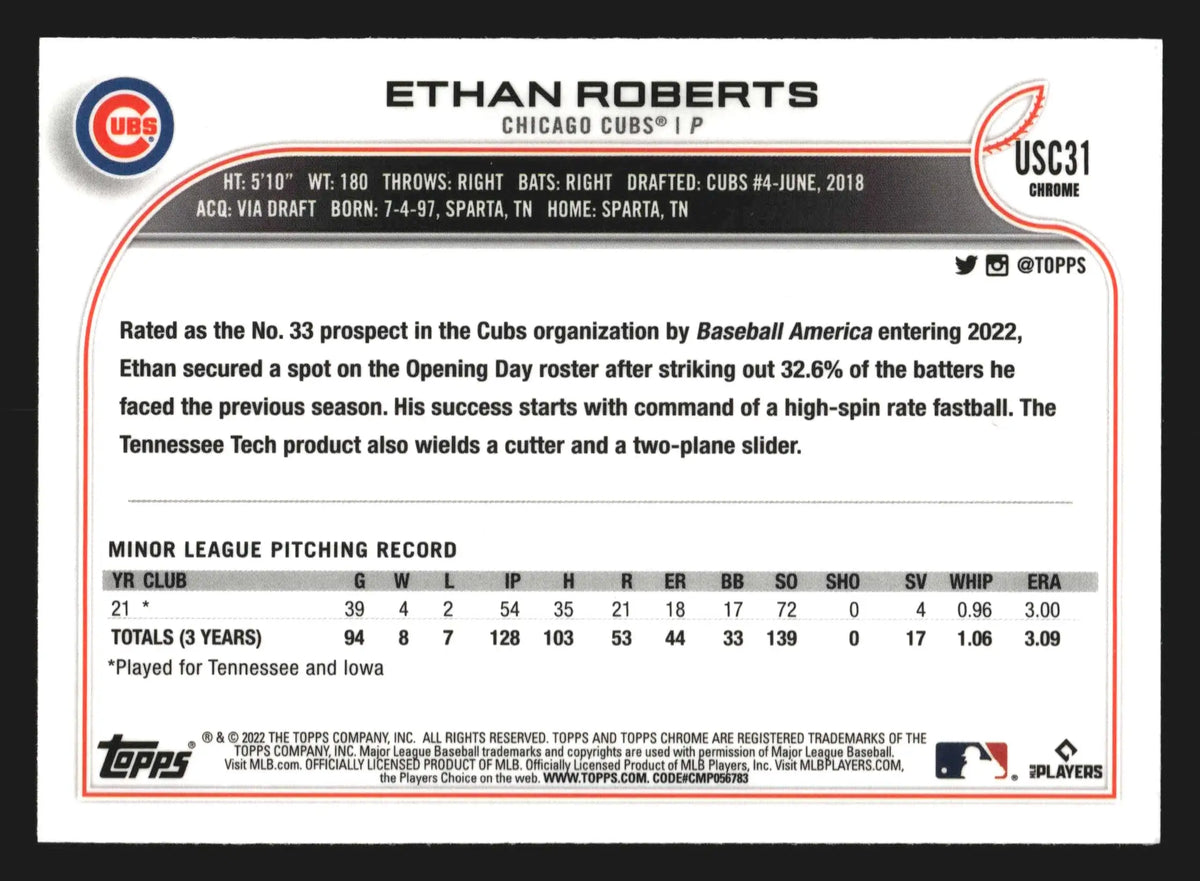 2022 Topps Chrome Update #USC31 Ethan Roberts RC Chicago Cubs - Baseball Card Single
