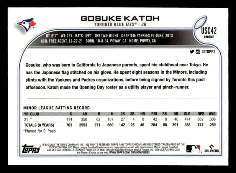2022 Topps Chrome Update #USC42 Gosuke Katoh Purple Refractor - Baseball Card Single