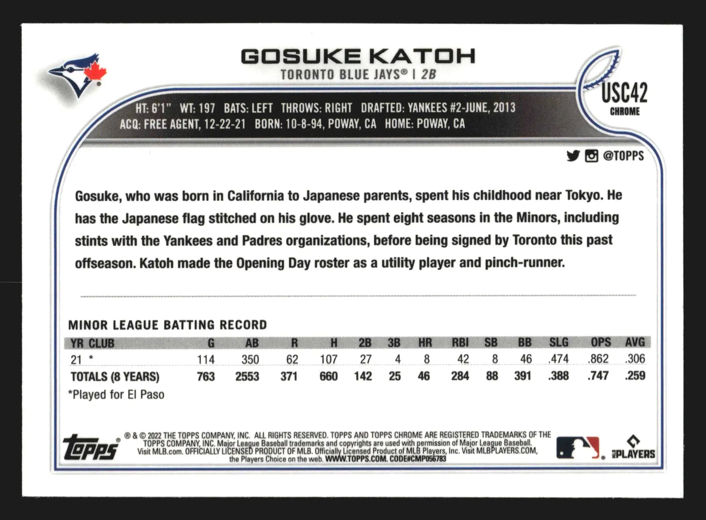 2022 Topps Chrome Update #USC42 Gosuke Katoh Purple Refractor Blue Jays RC