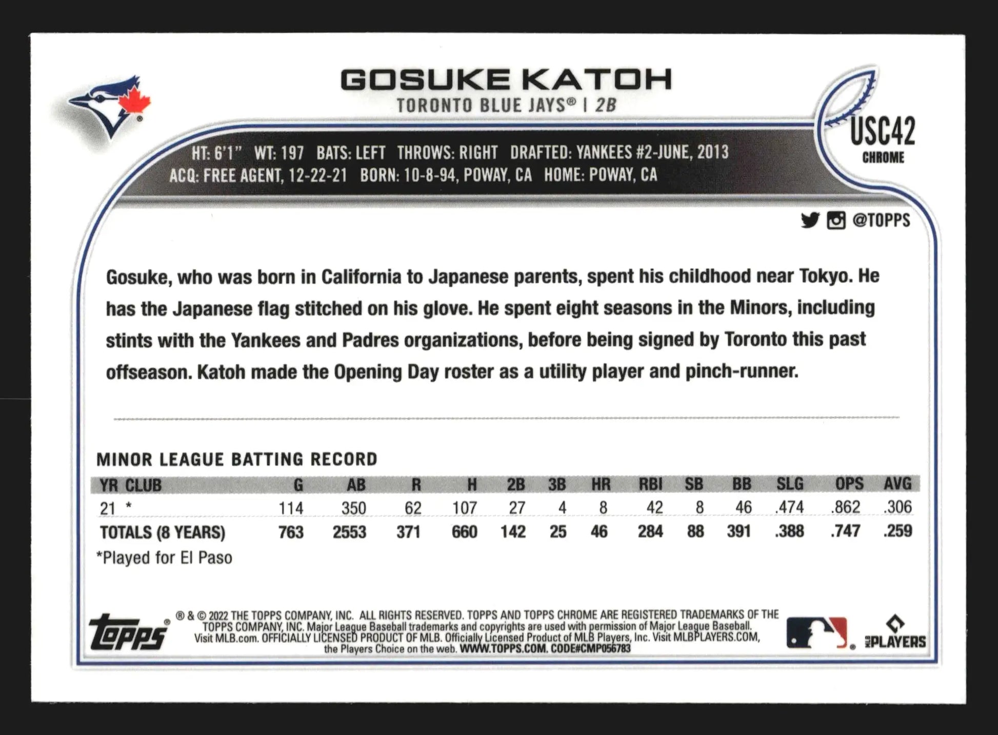 2022 Topps Chrome Update #USC42 Gosuke Katoh Purple Refractor Blue Jays RC