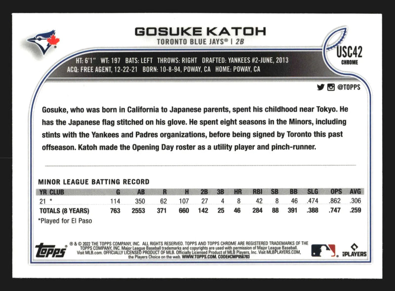 2022 Topps Chrome Update #USC42 Gosuke Katoh Purple Refractor Blue Jays RC