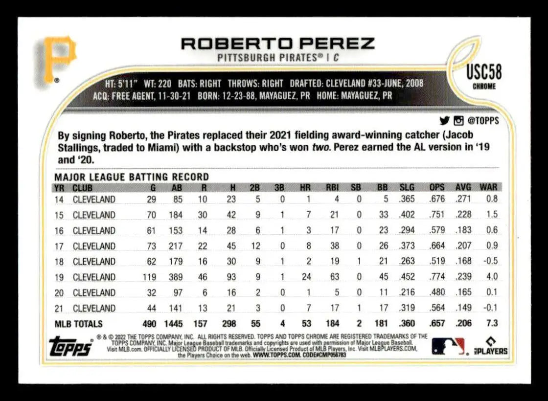 2022 Topps Chrome Update #USC58 Roberto Perez Purple Refractor - Baseball Card Single