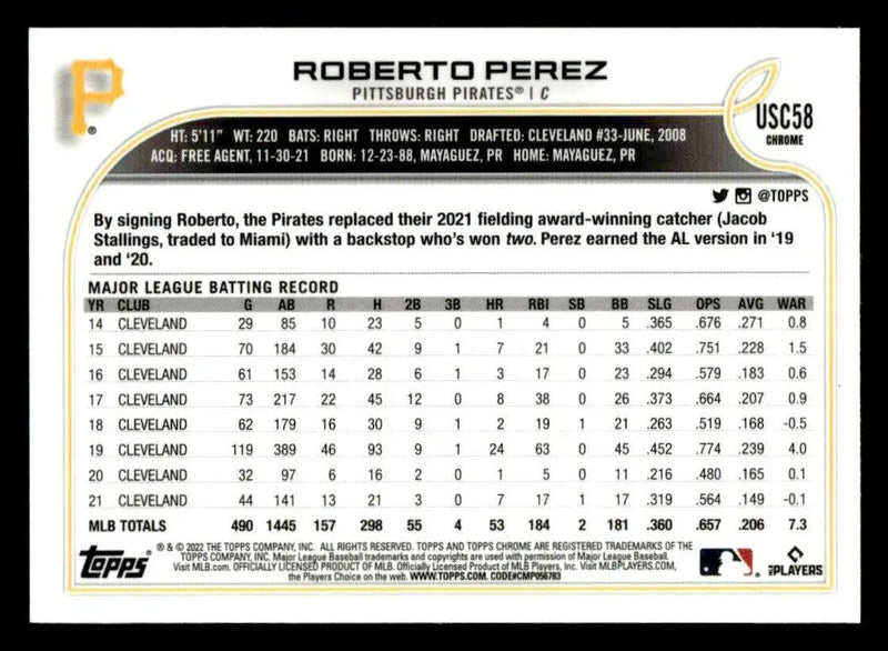 2022 Topps Chrome Update #USC58 Roberto Perez Purple Refractor - Baseball Card Single
