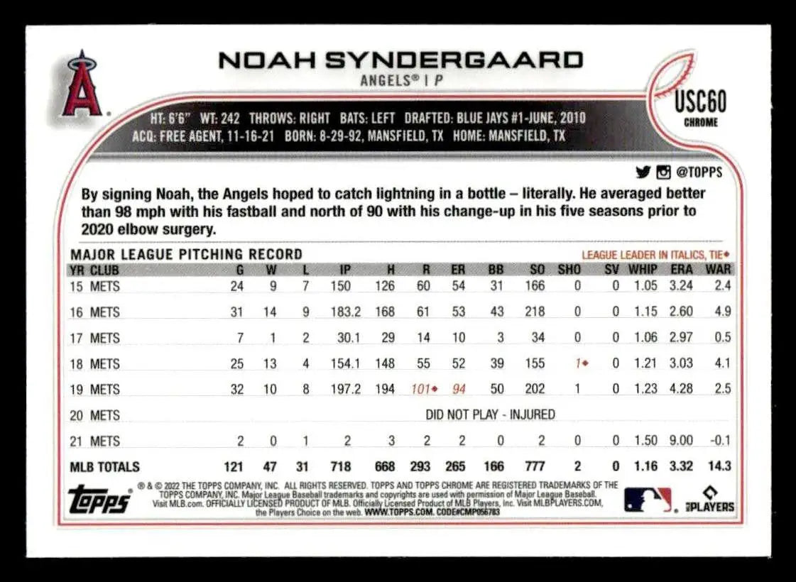 2022 Topps Chrome Update #USC60 Noah Syndergaard - Baseball Card Single
