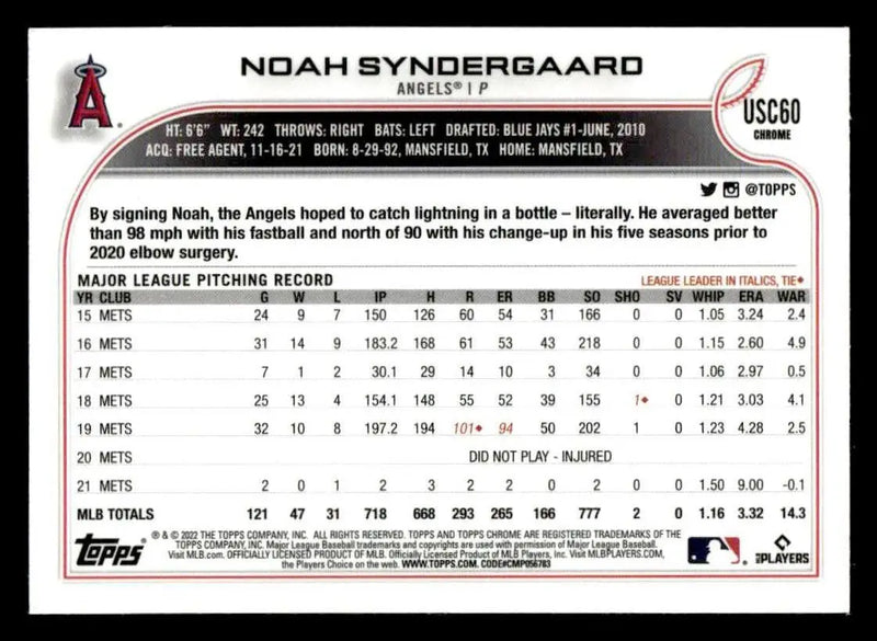 2022 Topps Chrome Update #USC60 Noah Syndergaard - Baseball Card Single
