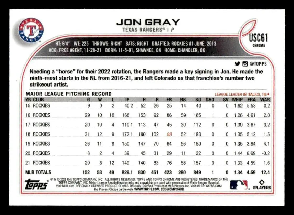 2022 Topps Chrome Update #USC61 Jon Gray - Baseball Card Single