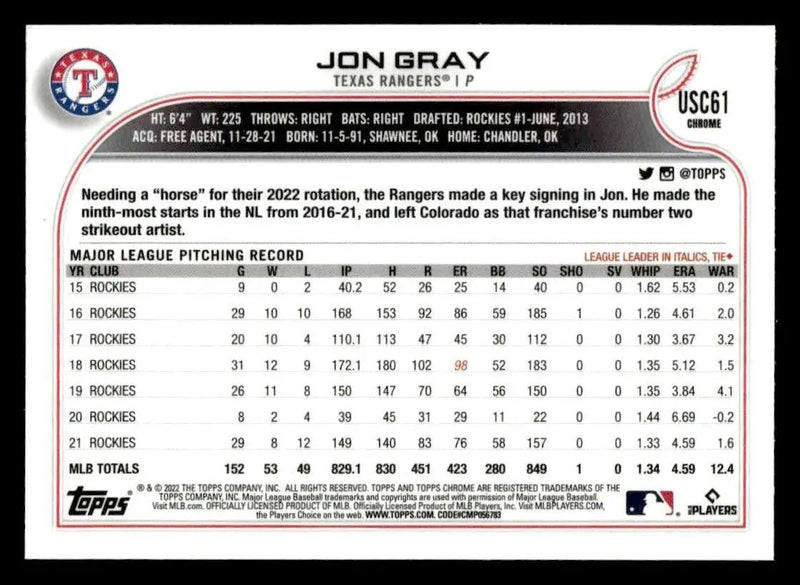 2022 Topps Chrome Update #USC61 Jon Gray - Baseball Card Single