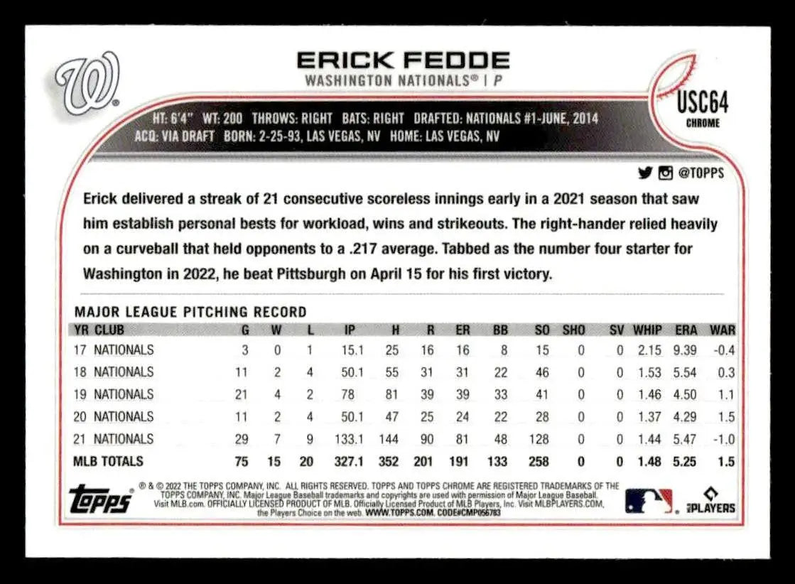 2022 Topps Chrome Update #USC64 Erick Fedde - Baseball Card Single
