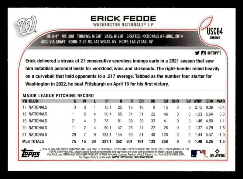 2022 Topps Chrome Update #USC64 Erick Fedde - Baseball Card Single