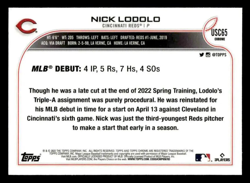 2022 Topps Chrome Update #USC65 Nick Lodolo - Baseball Card Single