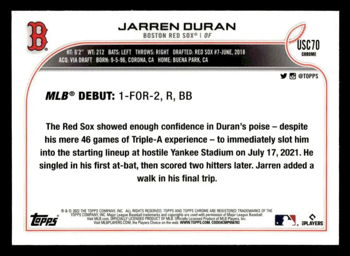 2022 Topps Chrome Update #USC70 Jarren Duran - Baseball Card Single