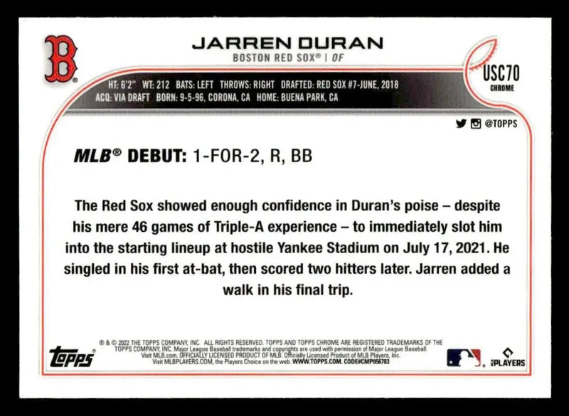 2022 Topps Chrome Update #USC70 Jarren Duran - Baseball Card Single