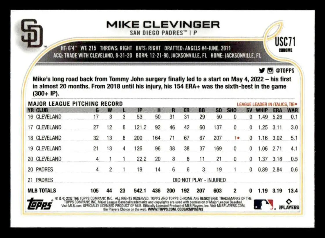 2022 Topps Chrome Update #USC71 Mike Clevinger - Baseball Card Single
