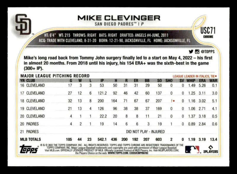 2022 Topps Chrome Update #USC71 Mike Clevinger - Baseball Card Single