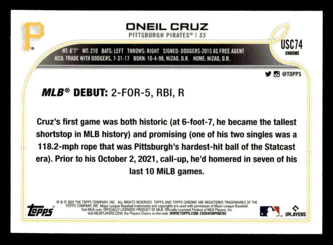 2022 Topps Chrome Update #USC74 Oneil Cruz - Baseball Card Single