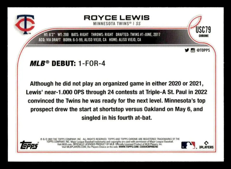 2022 Topps Chrome Update #USC79 Royce Lewis - Baseball Card Single