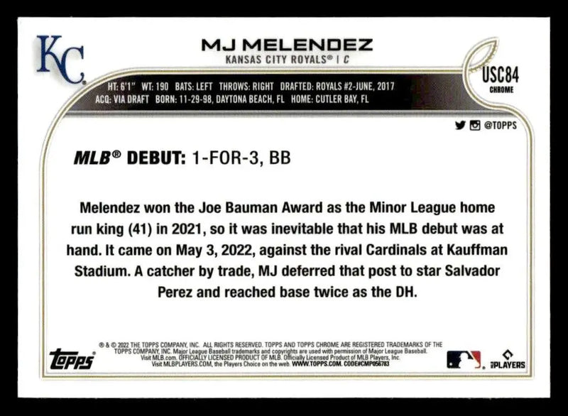 2022 Topps Chrome Update #USC84 MJ Melendez Purple Refractor - Baseball Card Single