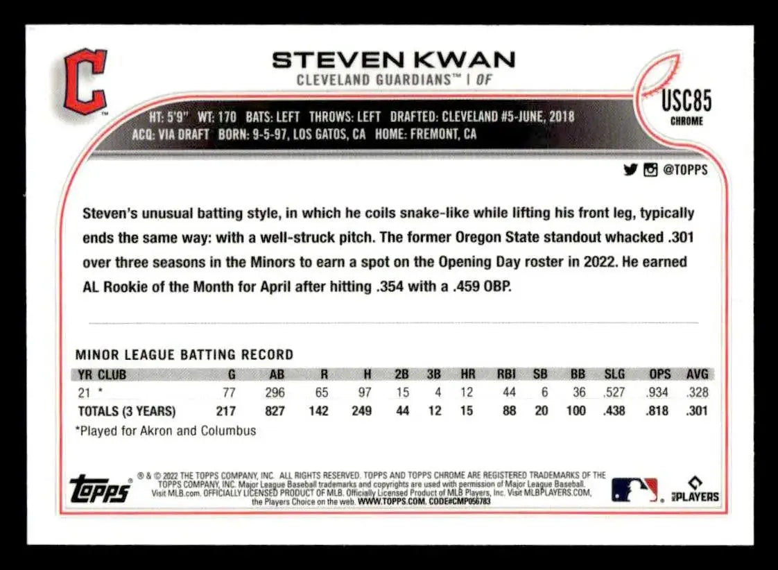 2022 Topps Chrome Update #USC85 Steven Kwan - Baseball Card Single