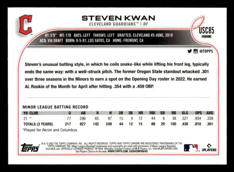 2022 Topps Chrome Update #USC85 Steven Kwan - Baseball Card Single