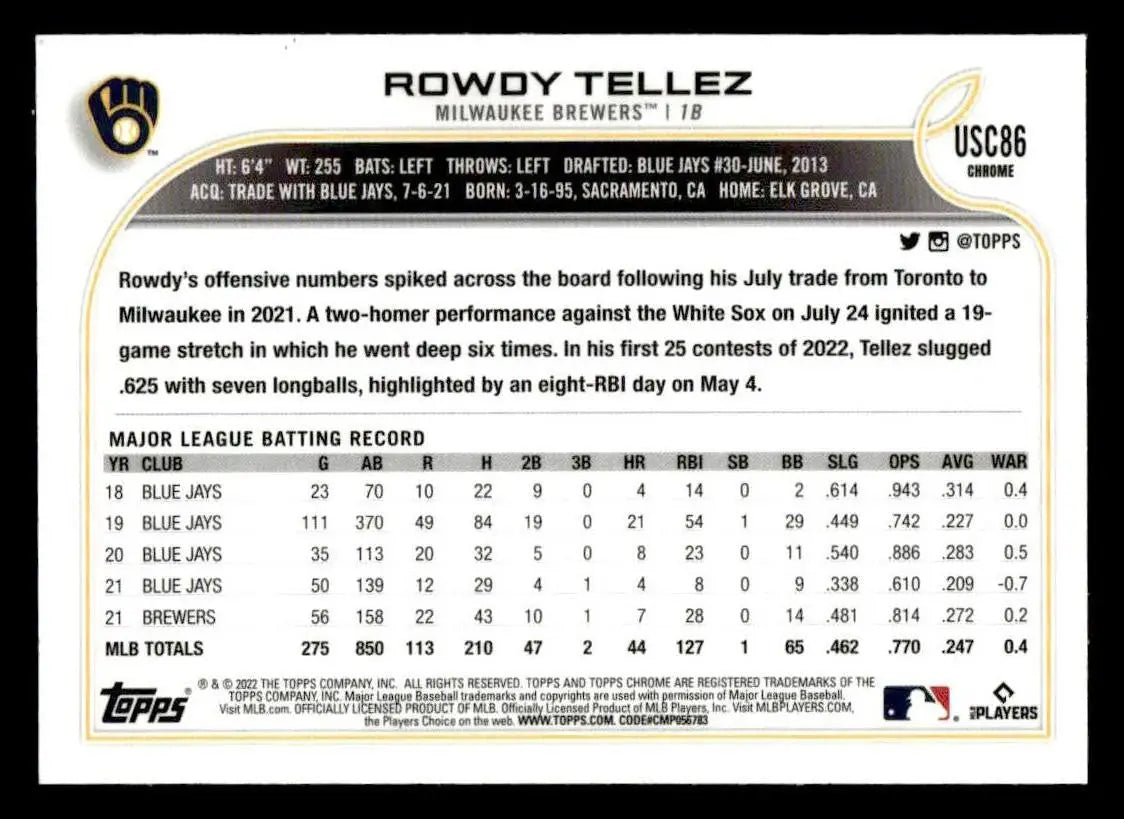 2022 Topps Chrome Update #USC86 Rowdy Tellez - Baseball Card Single