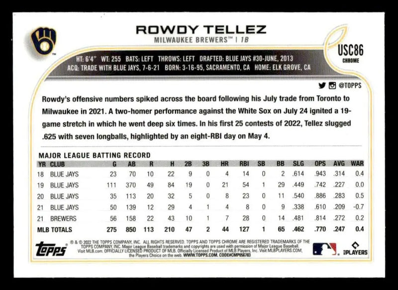 2022 Topps Chrome Update #USC86 Rowdy Tellez - Baseball Card Single