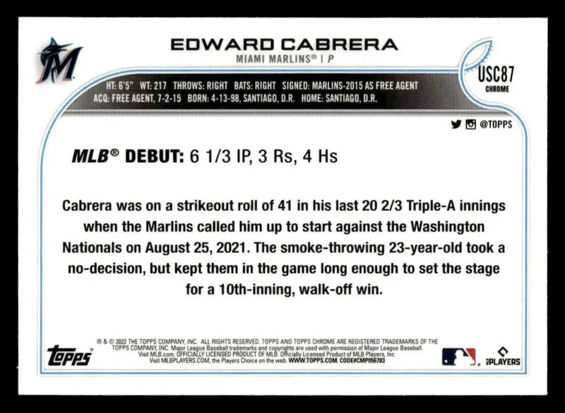2022 Topps Chrome Update #USC87 Edward Cabrera - Baseball Card Single