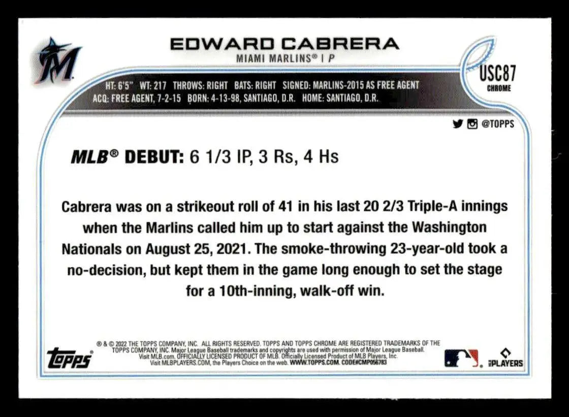 2022 Topps Chrome Update #USC87 Edward Cabrera Purple Refractor - Baseball Card Single