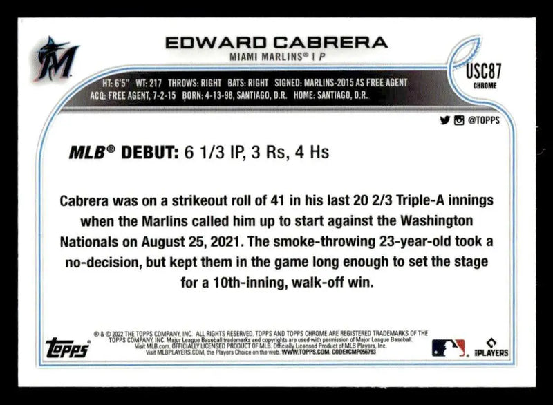 2022 Topps Chrome Update #USC87 Edward Cabrera Purple Refractor - Baseball Card Single