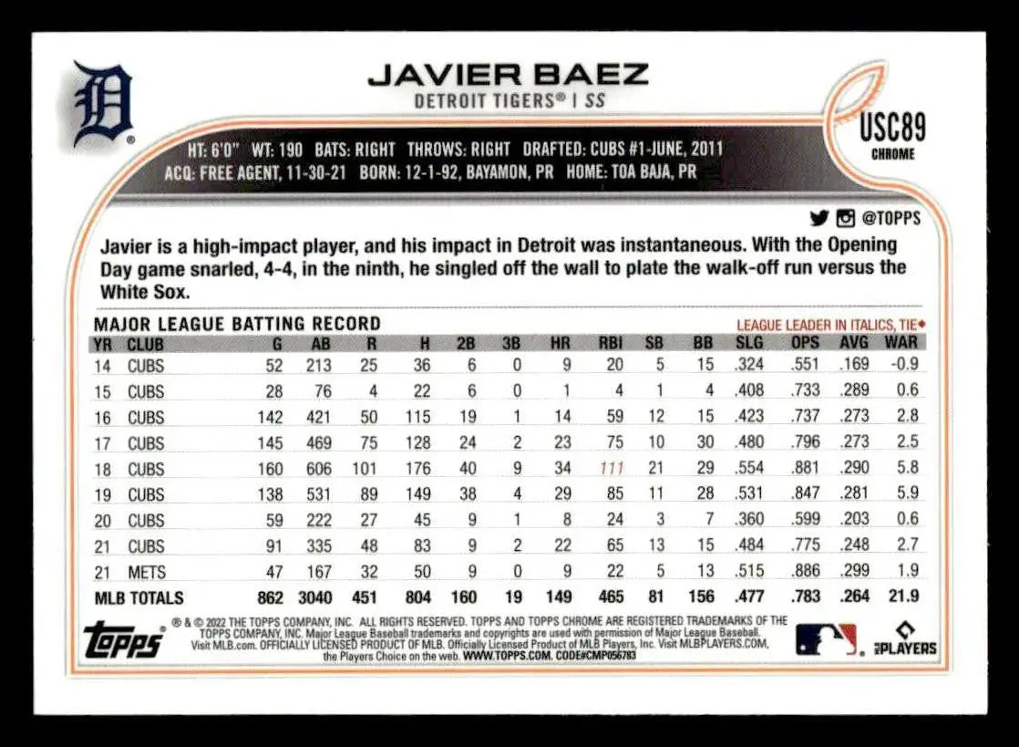 2022 Topps Chrome Update #USC89 Javier Baez Purple Refractor - Baseball Card Single