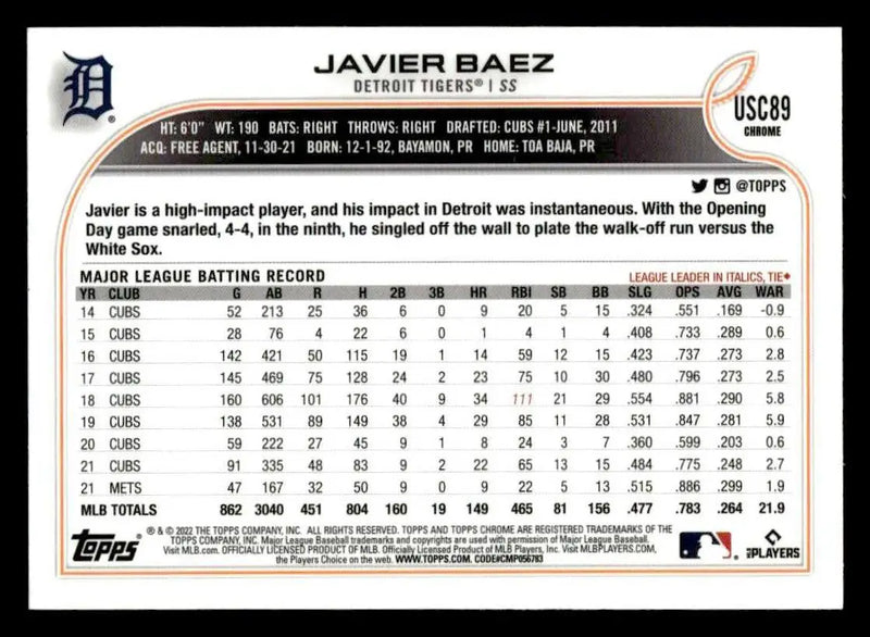 2022 Topps Chrome Update #USC89 Javier Baez Purple Refractor - Baseball Card Single