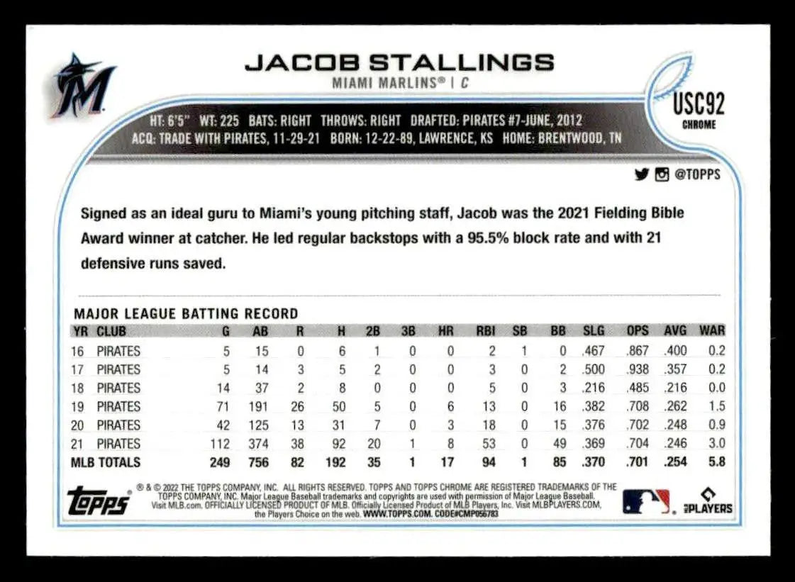 2022 Topps Chrome Update #USC92 Jacob Stallings - Baseball Card Single