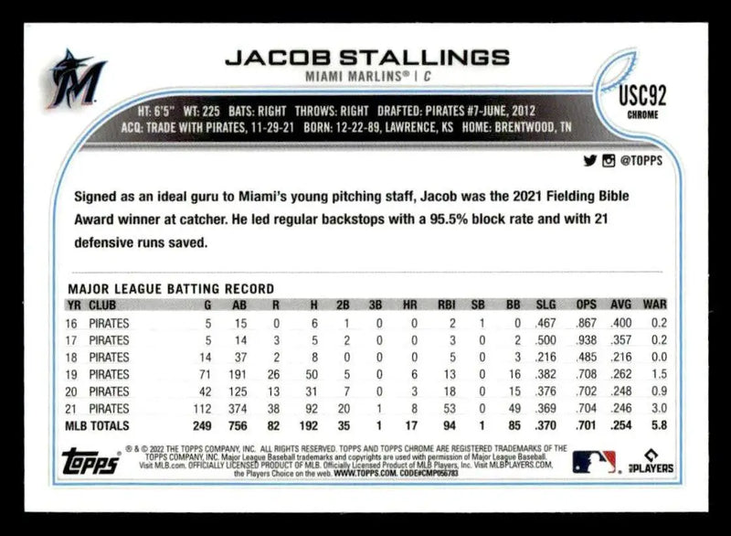 2022 Topps Chrome Update #USC92 Jacob Stallings - Baseball Card Single
