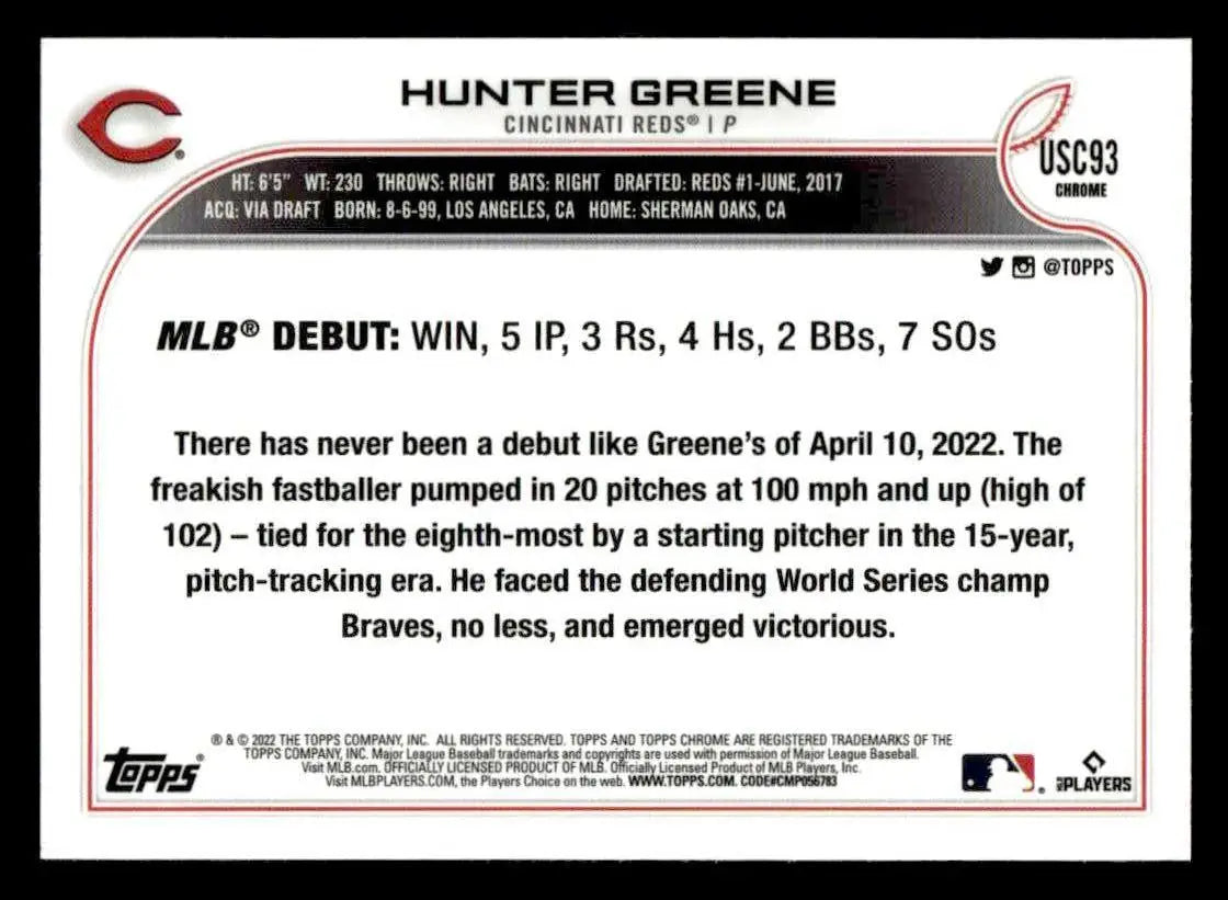 2022 Topps Chrome Update #USC93 Hunter Greene - Baseball Card Single