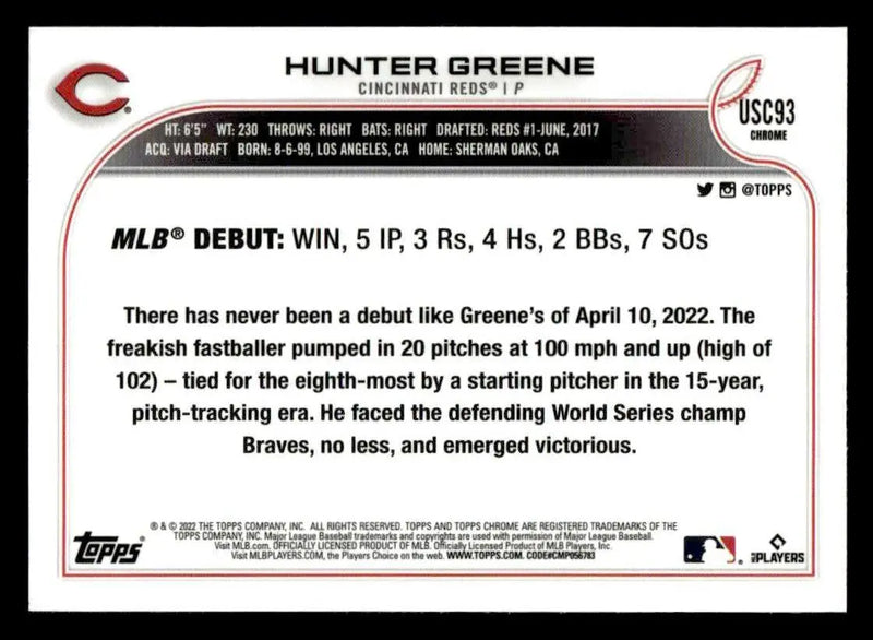 2022 Topps Chrome Update #USC93 Hunter Greene - Baseball Card Single