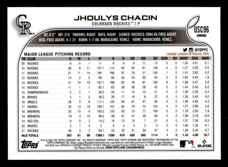 2022 Topps Chrome Update #USC96 Jhoulys Chacin Purple Refractor - Baseball Card Single