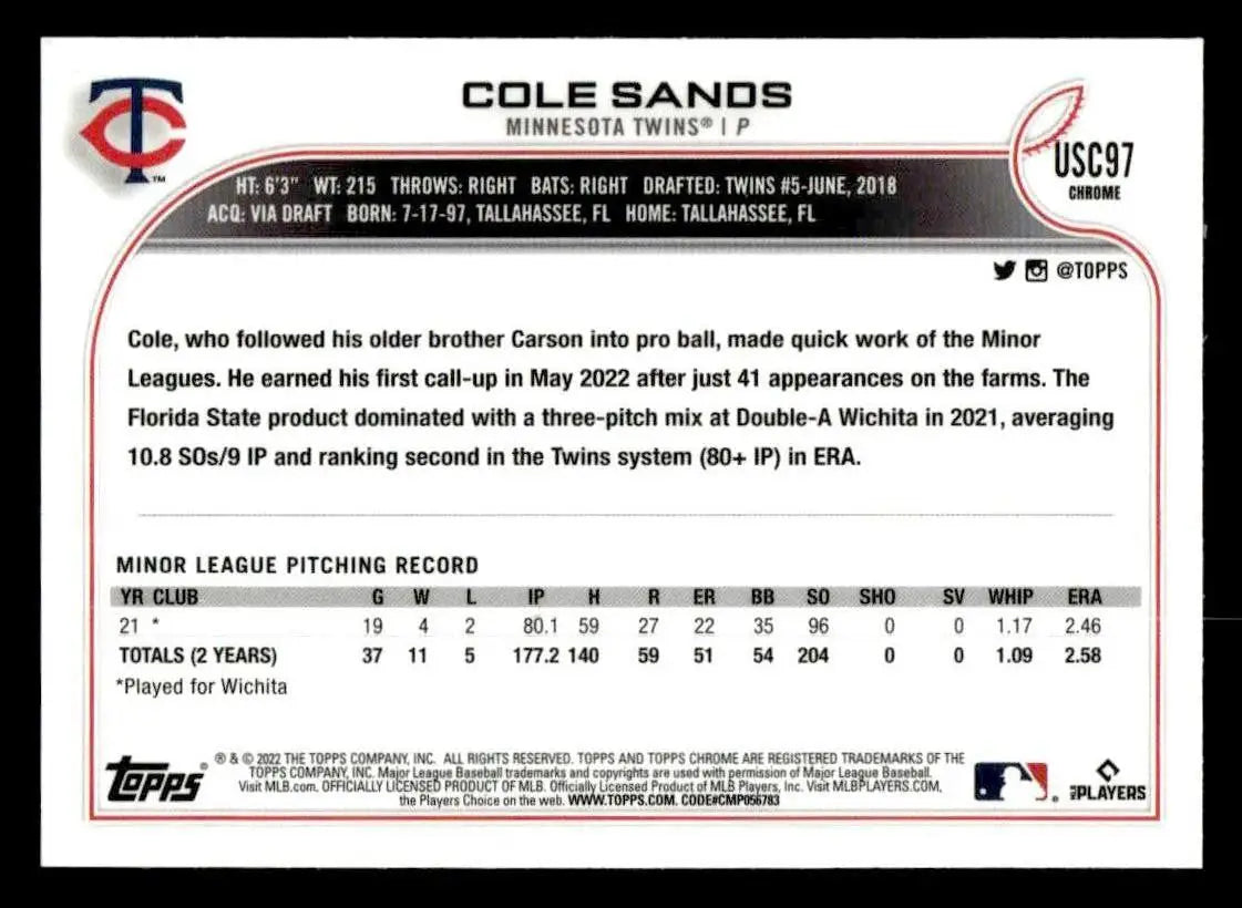 2022 Topps Chrome Update #USC97 Cole Sands - Baseball Card Single
