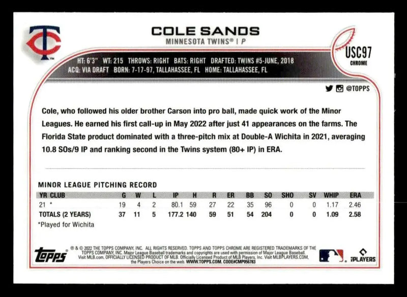 2022 Topps Chrome Update #USC97 Cole Sands - Baseball Card Single