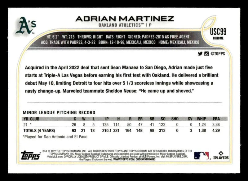 2022 Topps Chrome Update #USC99 Adrian Martinez - Baseball Card Single