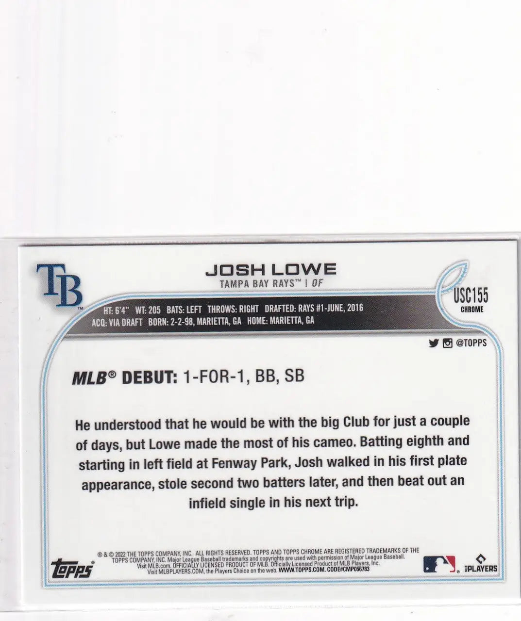 2022 TOPPS CHROME #USC-155 JOSH LOWE PURPLE- TAMPA BAY RAYS - Baseball Card Single