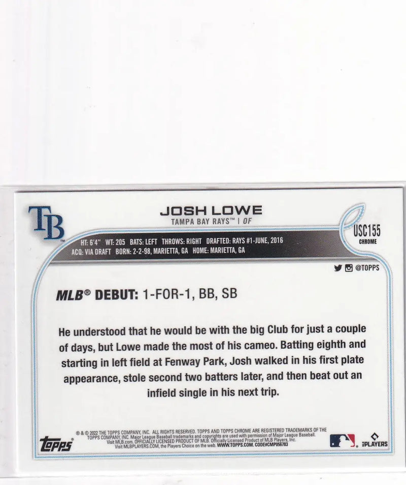 2022 TOPPS CHROME #USC-155 JOSH LOWE PURPLE- TAMPA BAY RAYS - Baseball Card Single