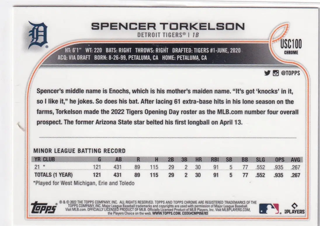 2022 TOPPS CHROME #USC100 SPENCER TORKELSON- DETROIT TIGERS - Baseball Card Single